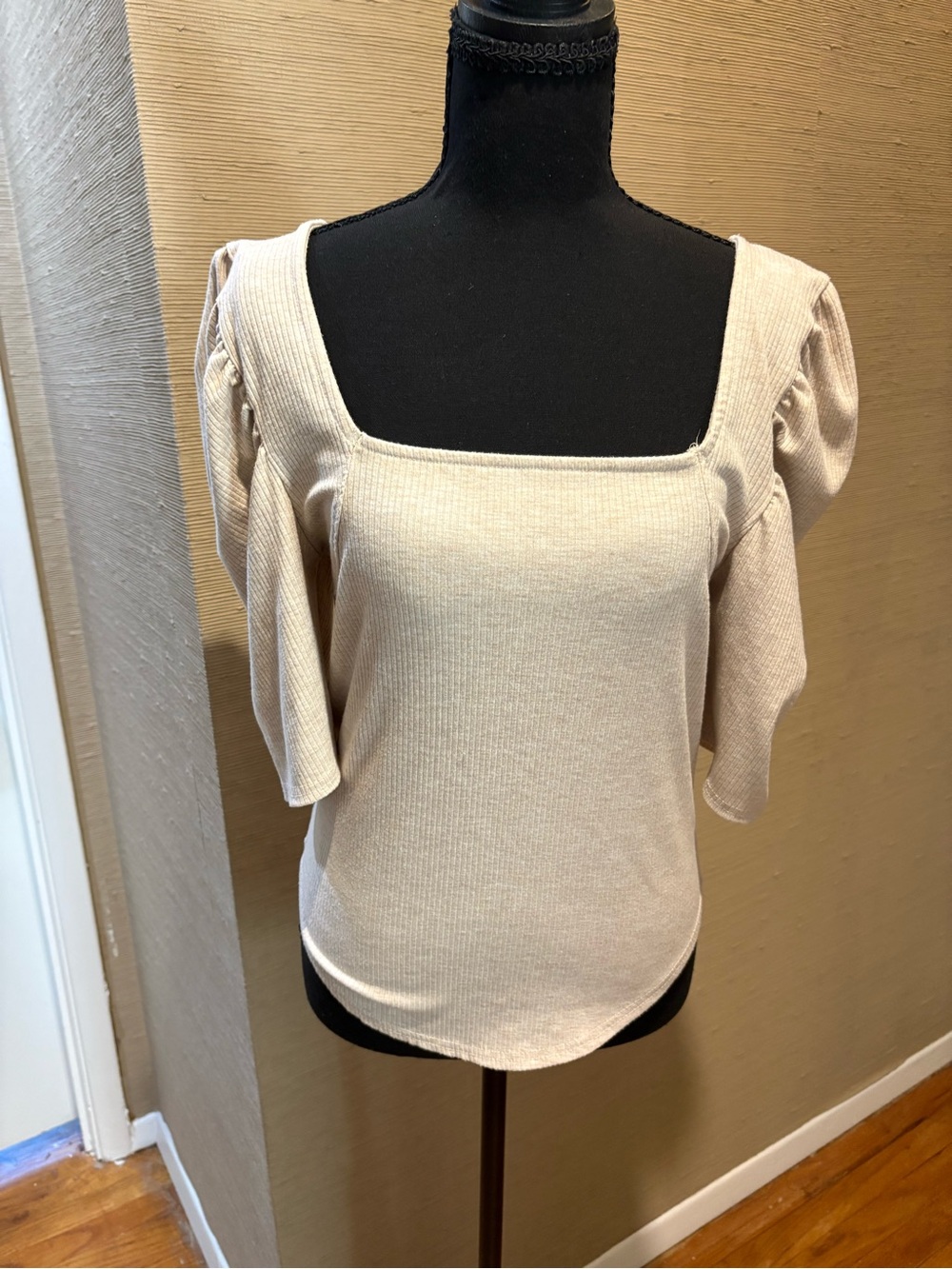 We The Free Square Neck Ribbed Puff Sleeve Top in Cream